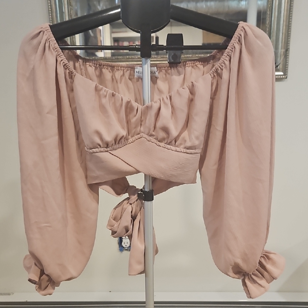Hello Molly Pink Cropped Blouse with Ruched Tie Front